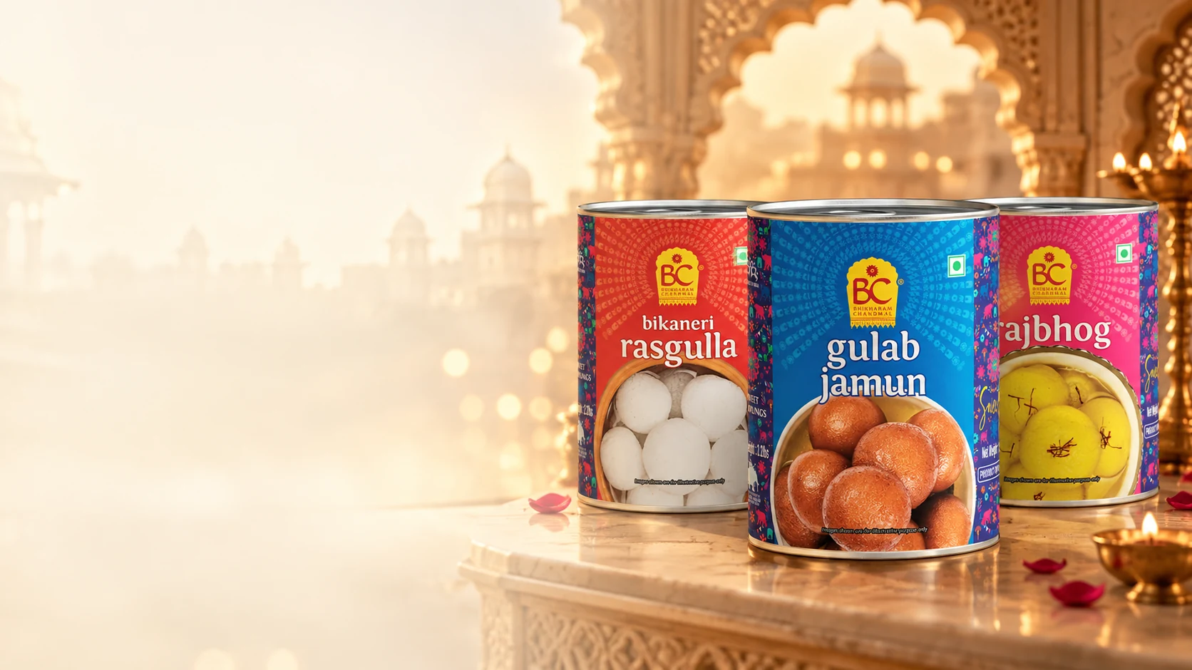 Bhikharam Chandmal Gulab Jamun, Bikaneri Rasgulla and Rajbhog tins