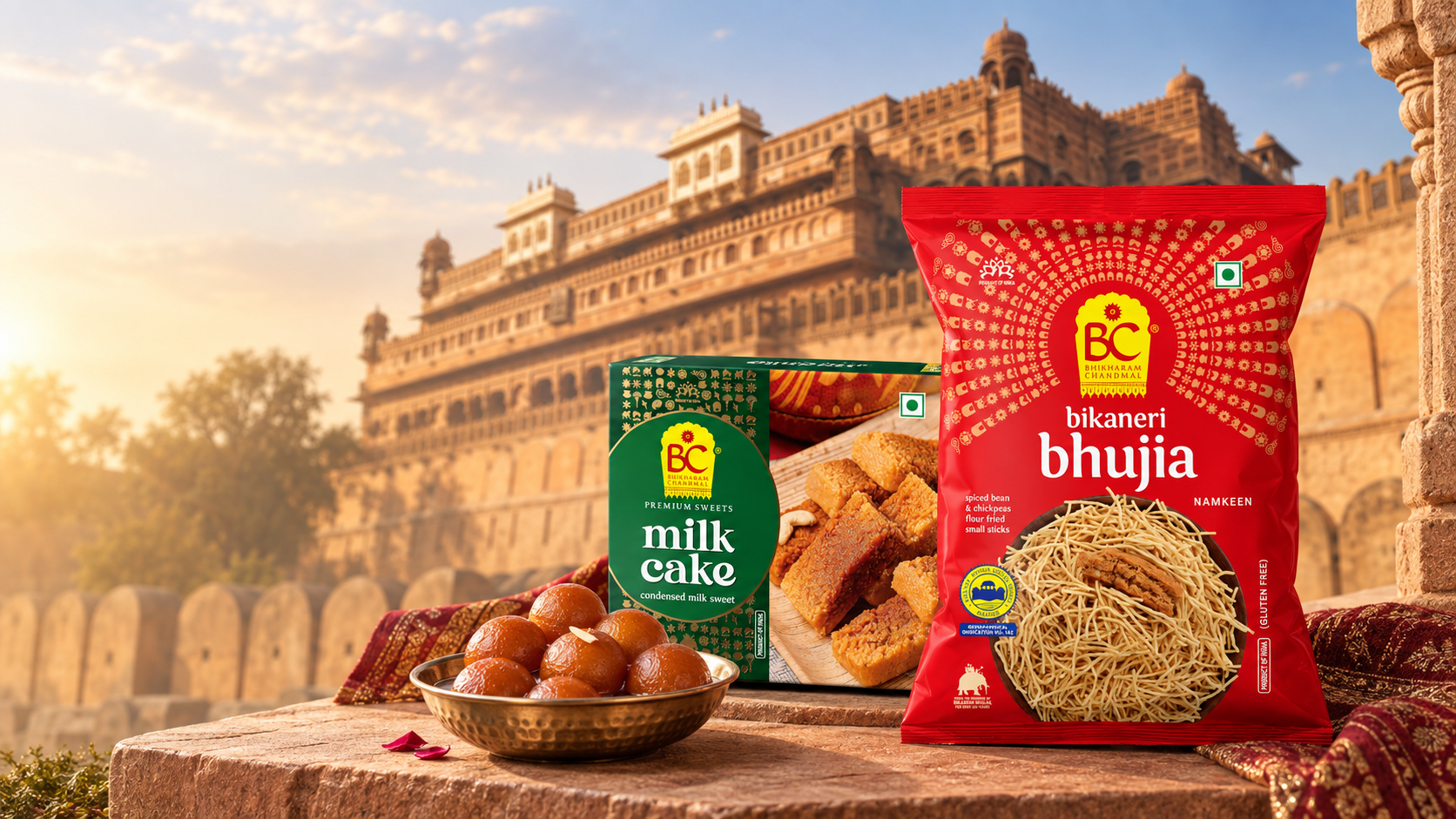 Bhikharam Chandmal Bikaneri Bhujia, Milk Cake and Gulab Jamun with Junagarh Fort