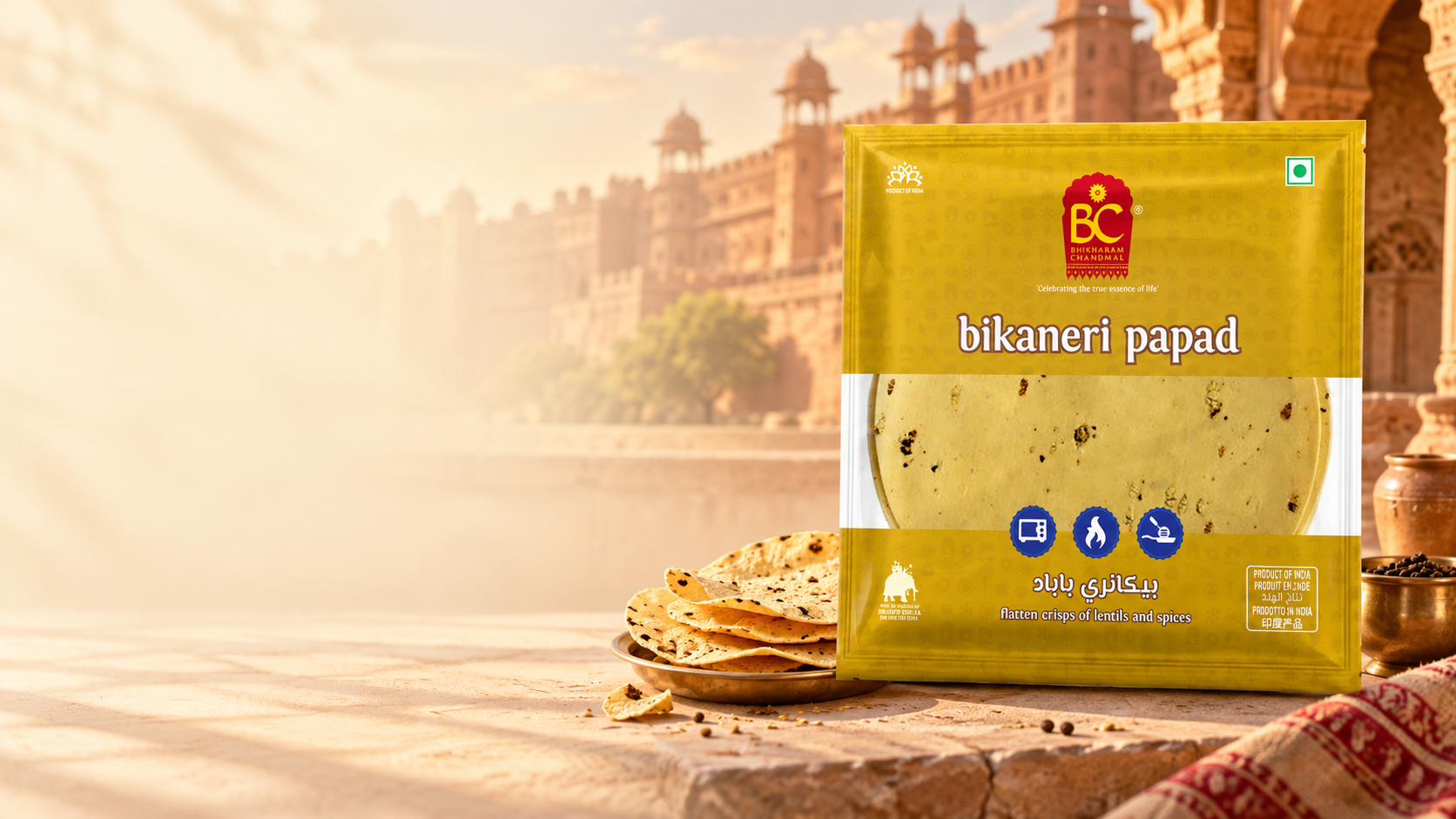 Bhikharam Chandmal Bikaneri Papad pack with Bikaner fort