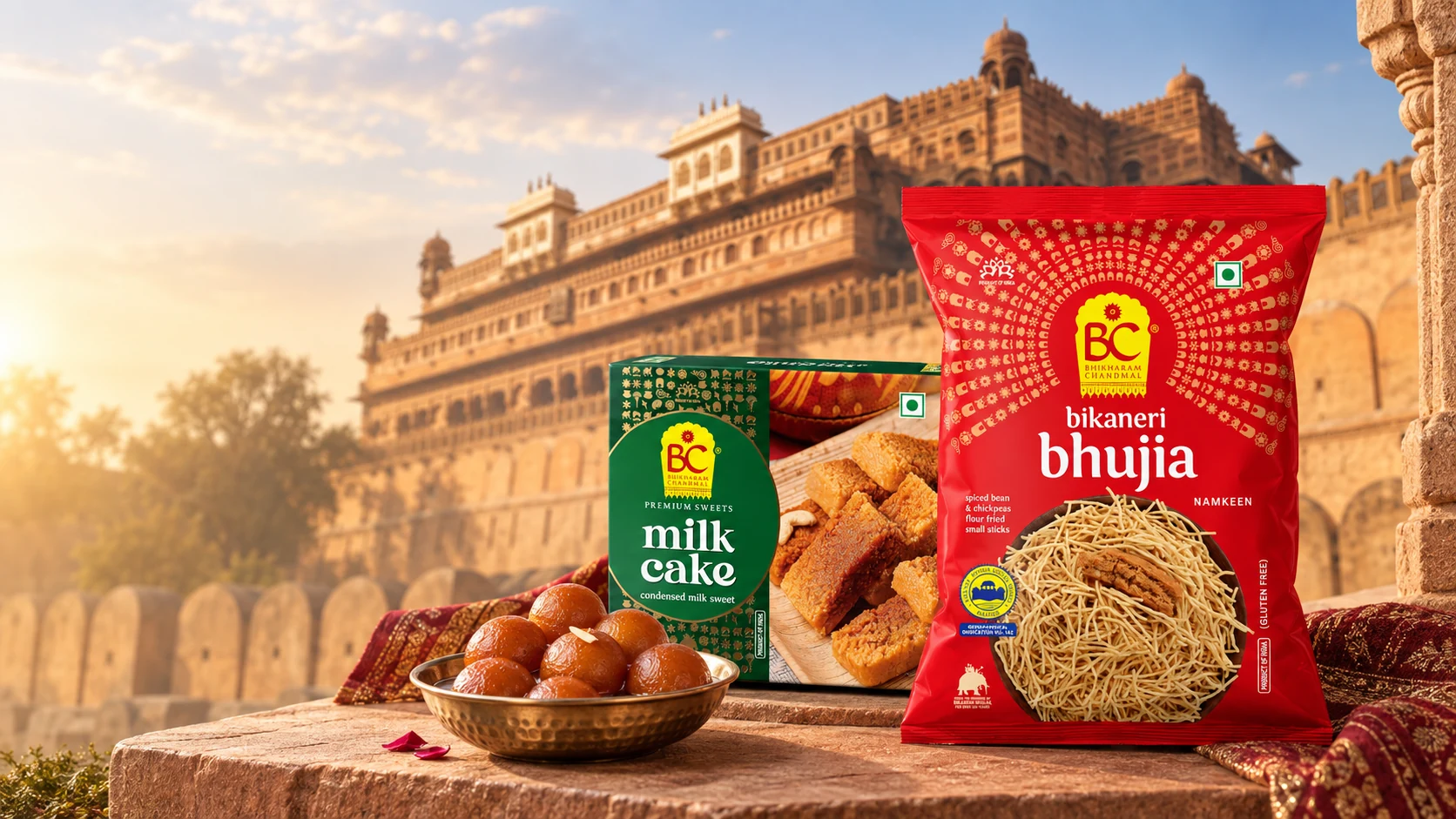 Bhikharam Chandmal Bikaneri Bhujia, Milk Cake and Gulab Jamun with Junagarh Fort
