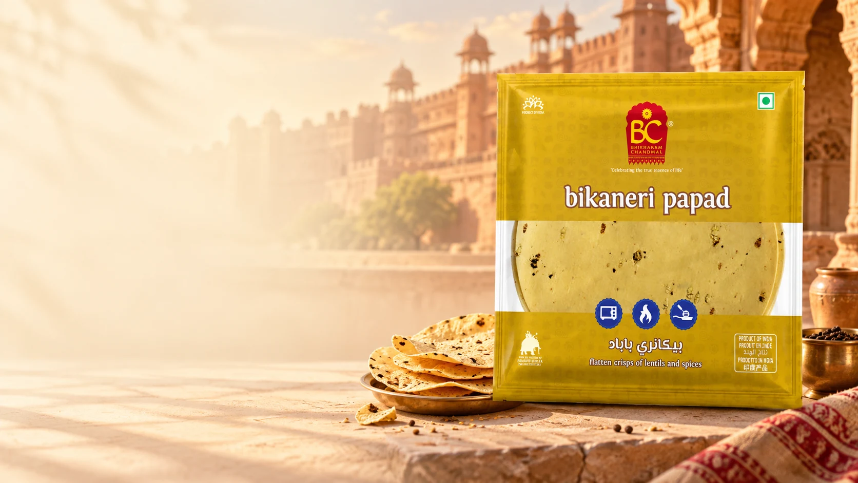 Bhikharam Chandmal Bikaneri Papad pack with Bikaner fort