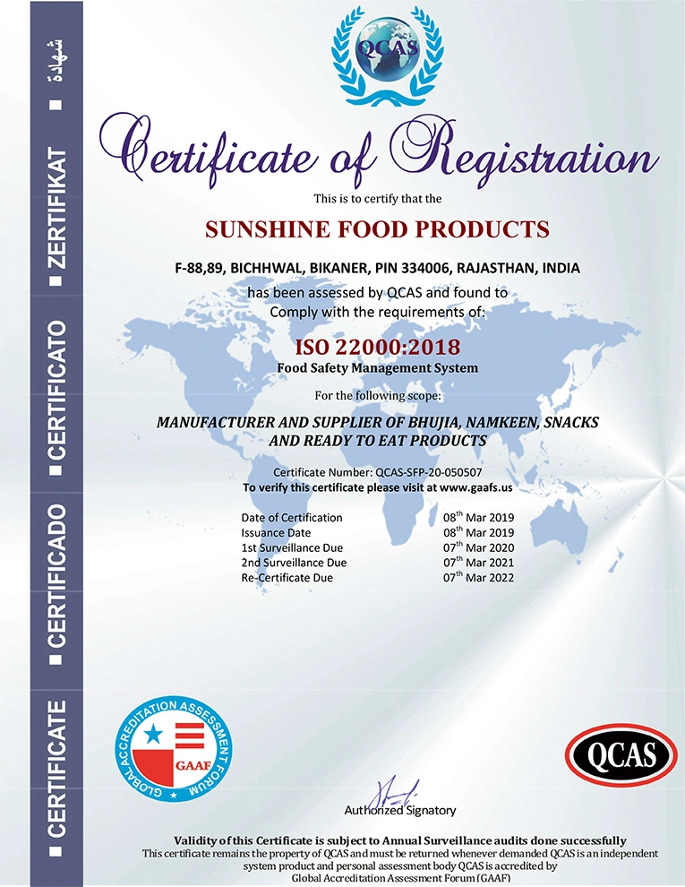 Sunshine Food Products certificate